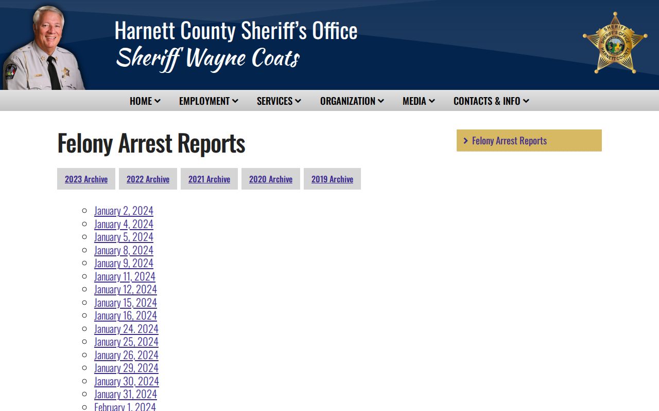 Harnett County Sheriff's dated Felony Arrest Reports archive