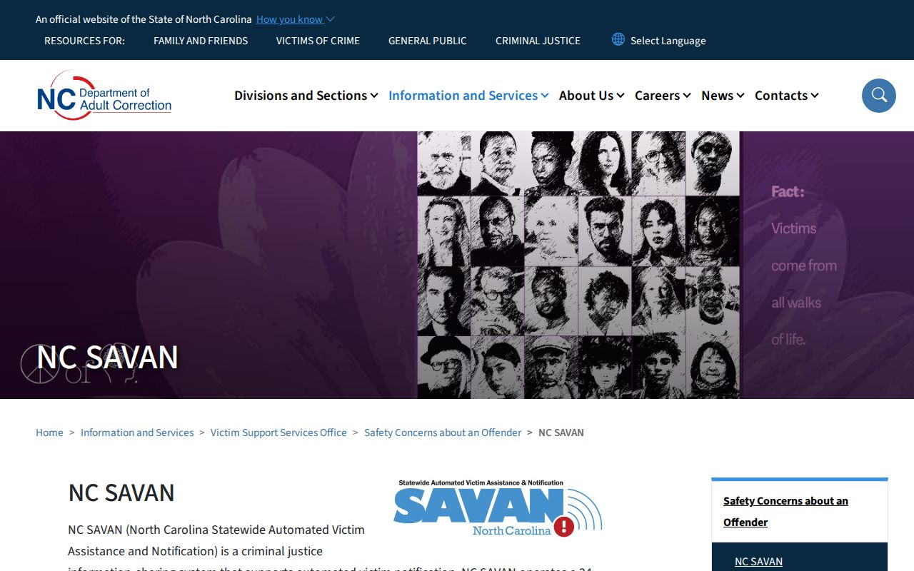 North Carolina SAVAN official 24-hour custody notification information