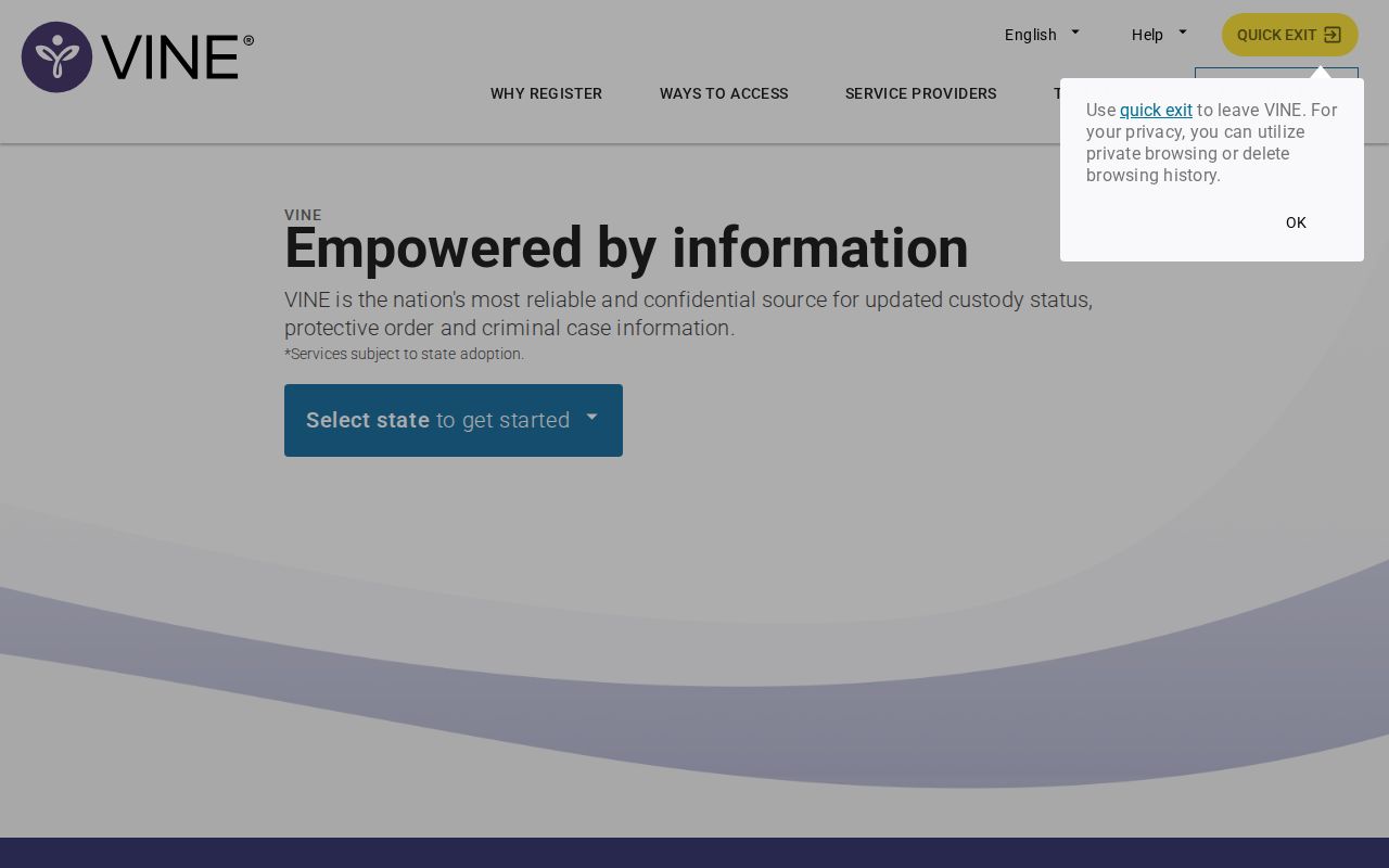VINELink registration and custody notification entry screen