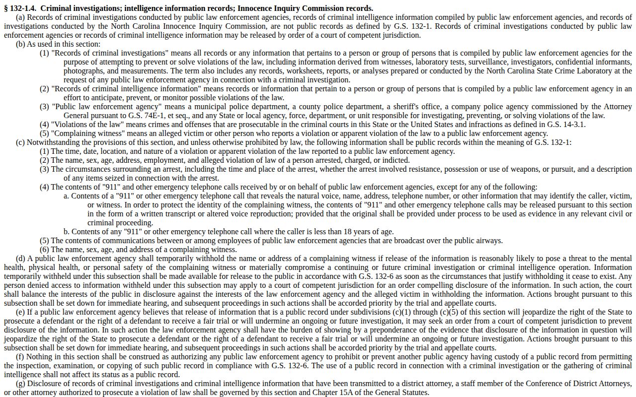 North Carolina law for Harnett County arrest information