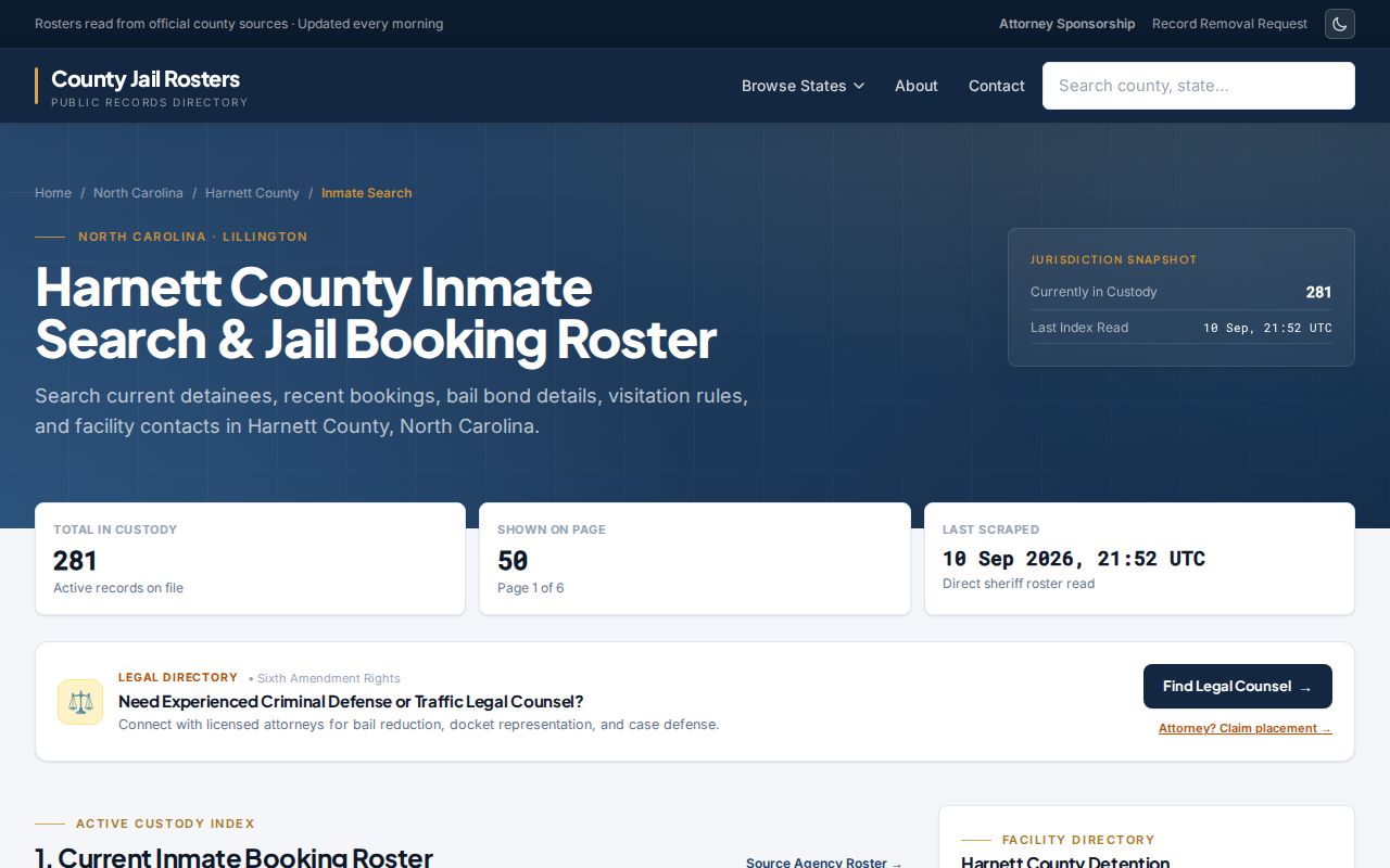 Unofficial Harnett inmate-search directory pointing toward roster information